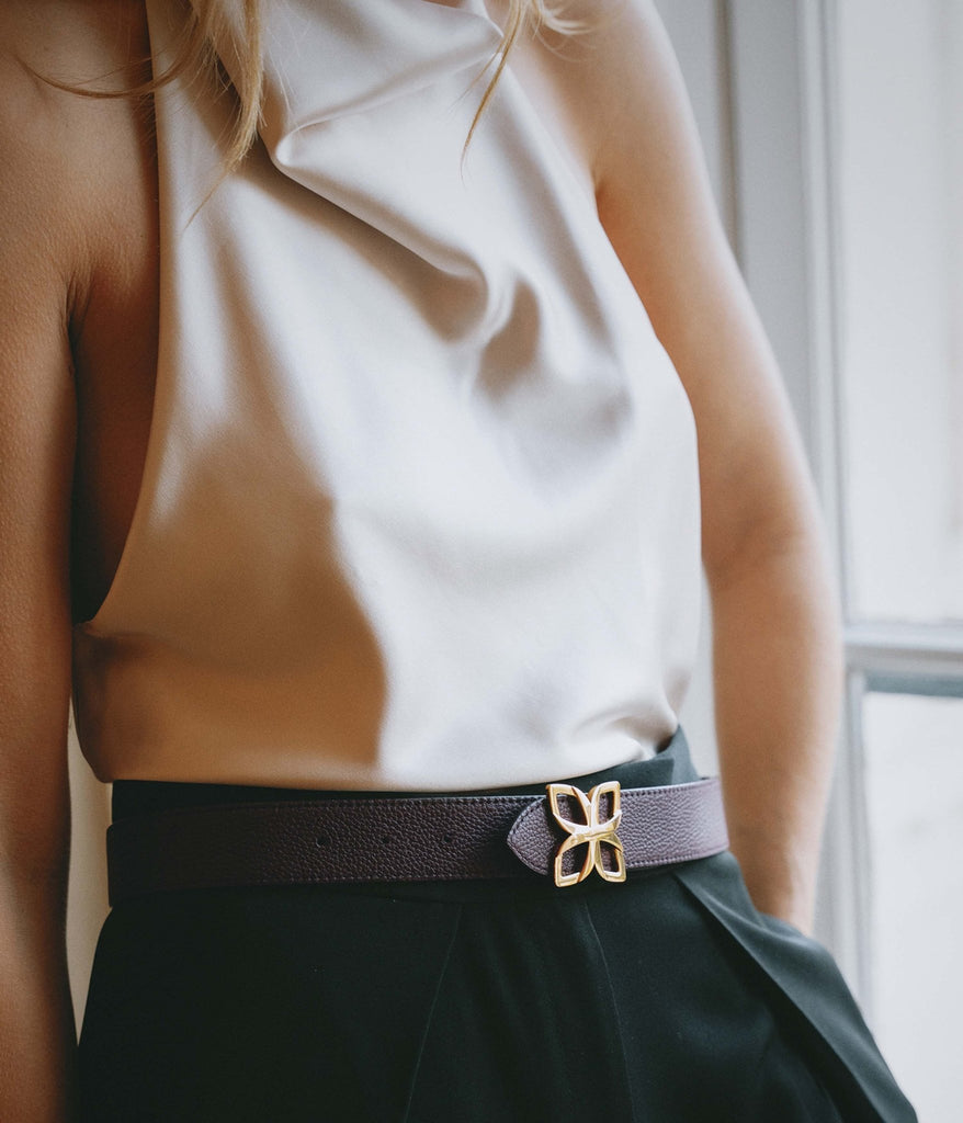 Ceinture Hortensia Doré 33mm | Bordeaux Prune - Fleuron Paris